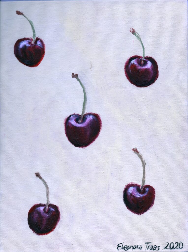 An oil sketch of cherries with a yellow background.